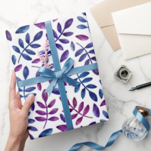 Papier Cadeau Feuilles bleu violet. Motif floral aquarelle