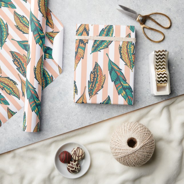 Papier Cadeau Feuilles colorés et rayures uniques (Artisanat)