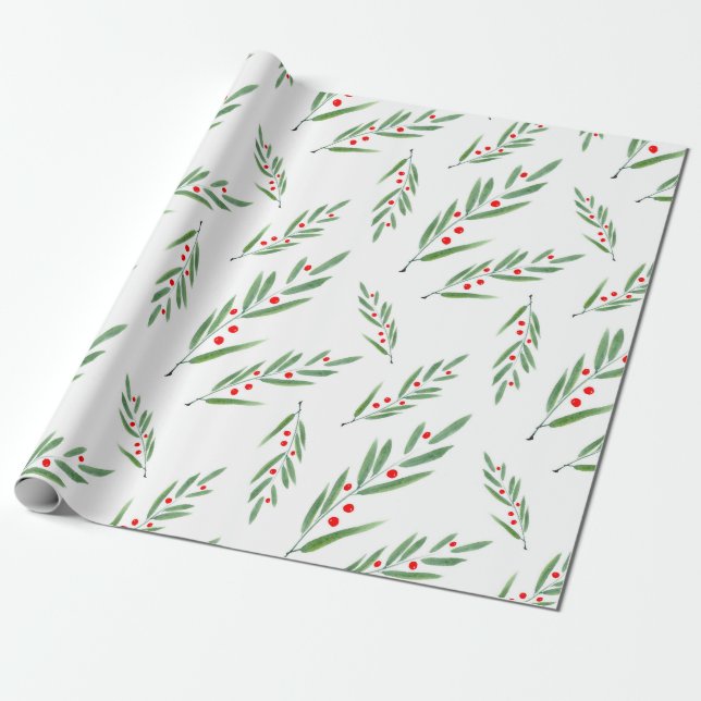 Papier Cadeau Feuilles d'aquarelle et Motif de baies (Déroulé)