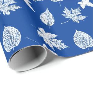 Papier Cadeau Feuilles d'automne - blanc et bleu cobalt