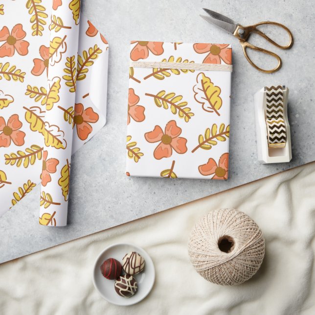 Papier Cadeau Feuilles d'automne en chute chaude avec fleurs (Artisanat)