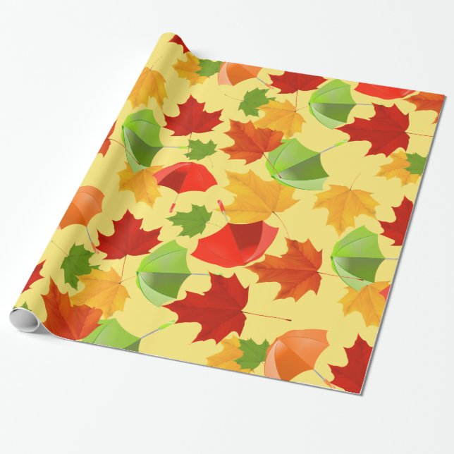 Papier Cadeau Feuilles d'automne et parapluies (Déroulé)