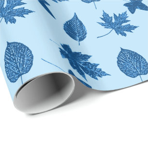 Papier Cadeau Feuilles d'automne - indigo et bleu pâle