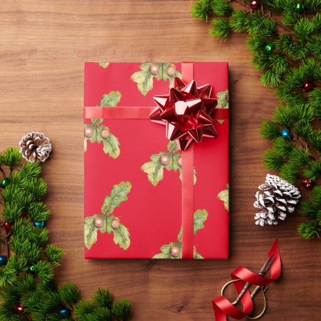 Papier Cadeau Feuilles de chêne sur rouge (Cadeau de vacances)