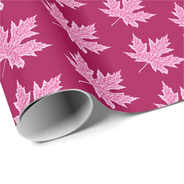 Papier Cadeau Feuilles de chêne - vin bordeaux et rose (Coin rond)