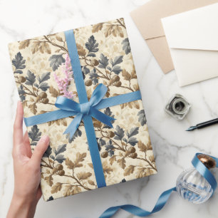 Papier Cadeau Feuilles de chêne vintage   Bleu et or élégant