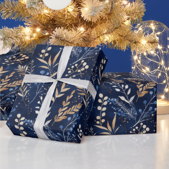 Papier Cadeau Feuilles de couleur or et floral séché (Vacances)