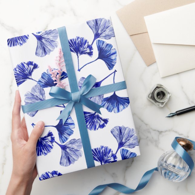 Papier Cadeau Feuilles de gingko bleu et blanc (Cadeaux)