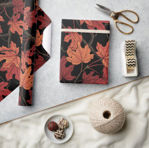 Papier Cadeau Feuilles de l'érable d'automne rouge sur fond noir