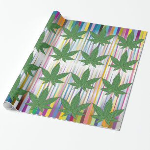 Papier Cadeau Feuilles de mauvaises herbes vert sur des rayures 