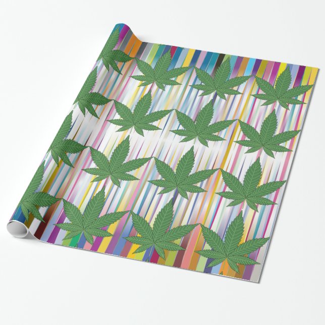 Papier Cadeau Feuilles de mauvaises herbes vert sur des rayures  (Déroulé)