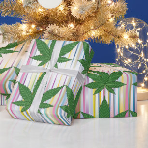 Papier Cadeau Feuilles de mauvaises herbes vertes sur des rayure