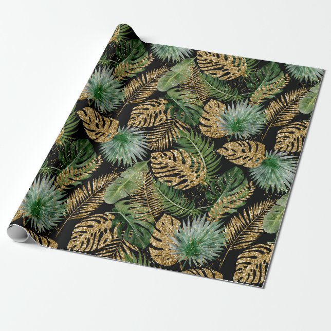 Papier Cadeau Feuilles de palme tropicale Monstera Faux Parties  (Déroulé)