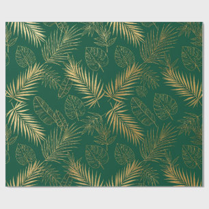Papier Cadeau Feuilles de palmier dorées vert émeraude Tropical