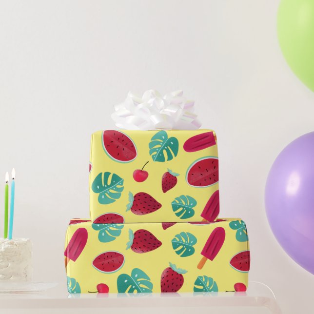 Papier Cadeau Feuilles de pavot, cerise, fraise et pastèque (Cadeaux de fête)