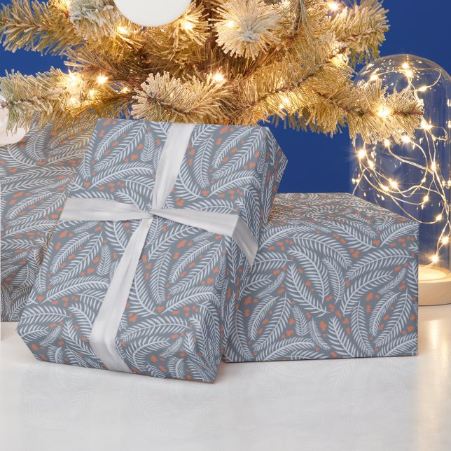 Papier Cadeau Feuilles de pin de Noël bleu foncé (Vacances)
