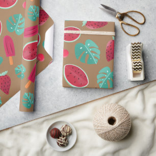Papier Cadeau Feuilles de poissonnerie, cerise, fraise et pastè