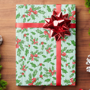 Papier Cadeau Feuilles et baies de houx de Noël rouge et vert