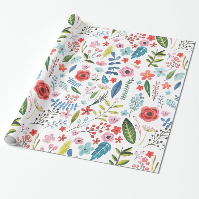 Papier Cadeau Feuilles et fleurs botaniques colorées Motif (Déroulé)