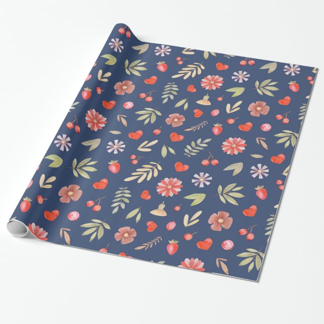 Papier Cadeau Feuilles et fleurs romantiques (Déroulé)