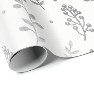 Papier Cadeau Feuilles florales Métallique Blanc Argent Gris Del