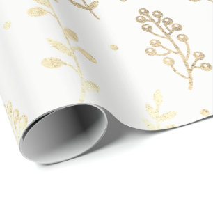 Papier Cadeau Feuilles florales Métallurique Blanc Faux Or Delic