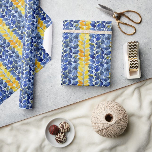 Papier Cadeau Feuilles jaune et bleu (Artisanat)