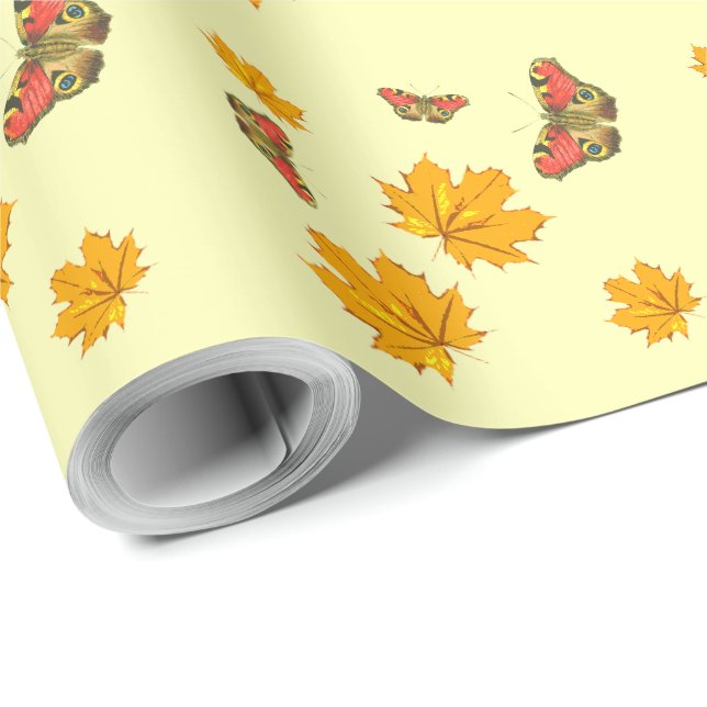 Papier Cadeau Feuilles qui tombent en automne et papillons (Coin rond)