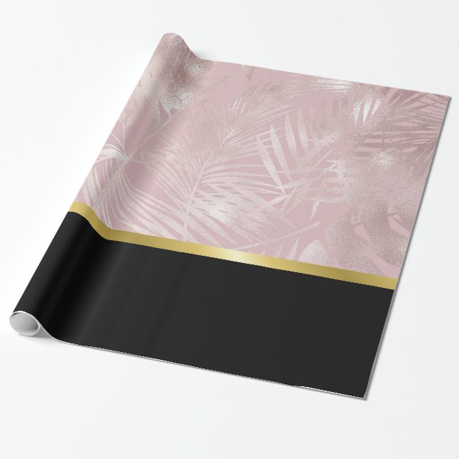 Papier Cadeau Feuilles roses Gold Tropical avec bordure noire (Déroulé)