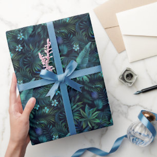 Papier Cadeau Feuilles Tropicales Fleurs Bleues