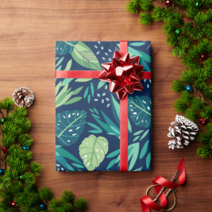 Papier Cadeau Feuilles Tropicales Vertes Motif Sur Bleu