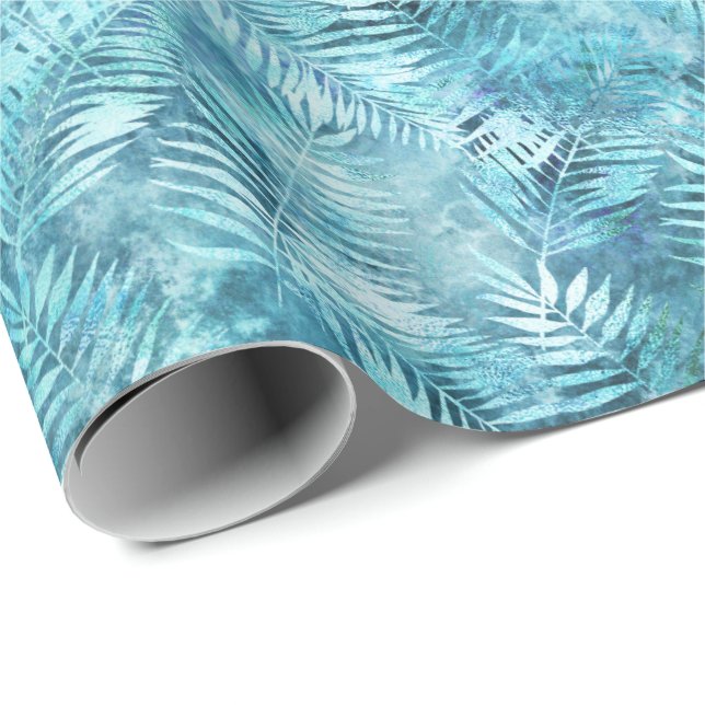 Papier Cadeau Feuilles tropicaux Aqua Blue (Coin rond)