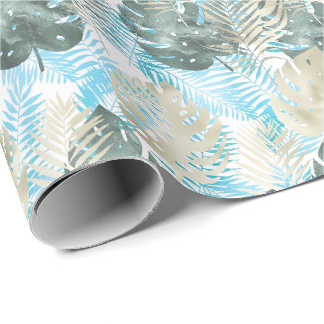 Papier Cadeau Feuilles tropicaux Aqua Green Gold (Coin rond)