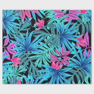 Papier Cadeau Feuilles tropicaux en cadeau bleu et rose