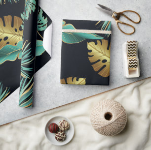 Papier Cadeau Feuilles tropicaux modernes Green Gold