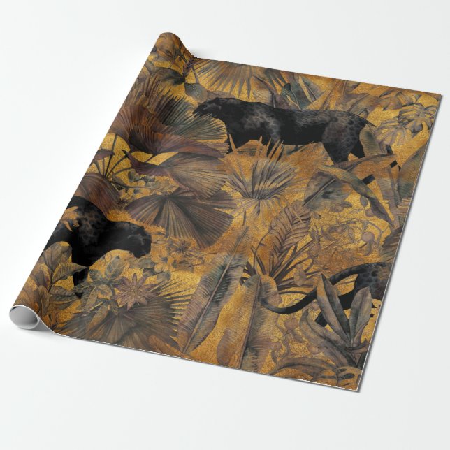 Papier Cadeau Feuilles tropicaux, panthère et orchidée. Vigne in (Déroulé)