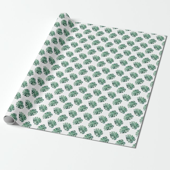 Papier Cadeau Feuilles tropicaux verts, motif aquarelle (Déroulé)