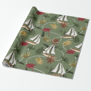 Papier Cadeau feuilles tropicaux vintages, bateau et corde à voi