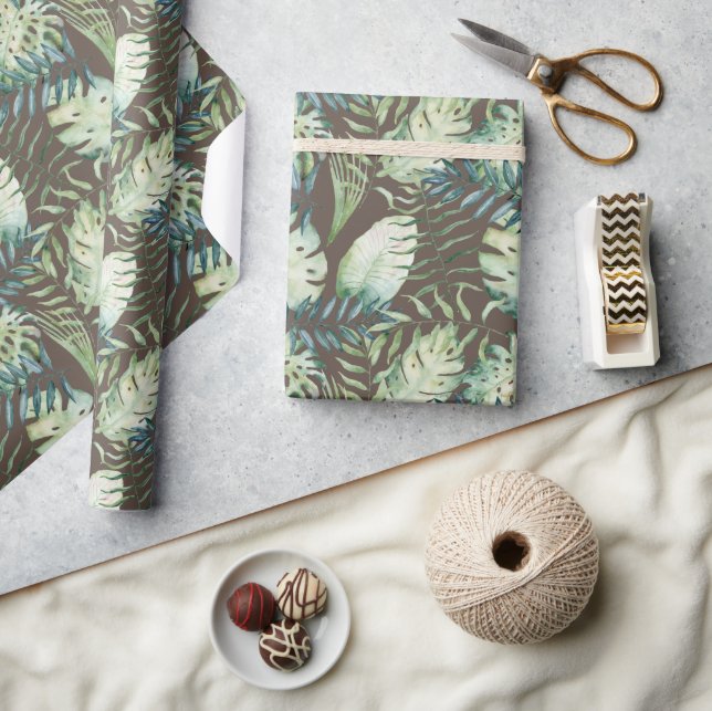 Papier Cadeau Feuilles Vertes Tropicales Marron  (Artisanat)