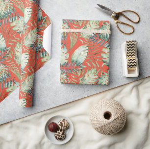 Papier Cadeau Feuilles Vertes Tropicales Orange