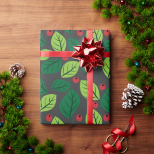 Papier Cadeau Feuilles verts, Berries Rouges, Motif Des Feuilles