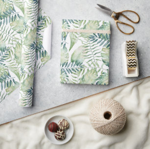 Papier Cadeau Feuilles verts tropicaux blancs