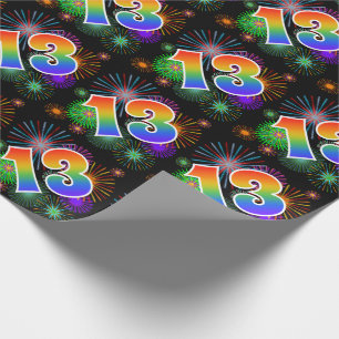 Papier Cadeau Feux d'artifice colorés + Motif "13" d'arc-en-cie