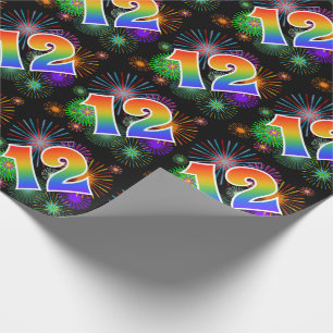 Papier Cadeau Feux d'artifice colorés + Motif arc-en-ciel "12" E