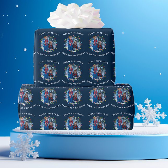 Papier Cadeau Feux de Noël Famille Photo Bleue Personnalisé (Créateur téléchargé)