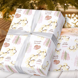 Papier Cadeau Feux de Noël Moderne Rose Blanc Nom personnalisé