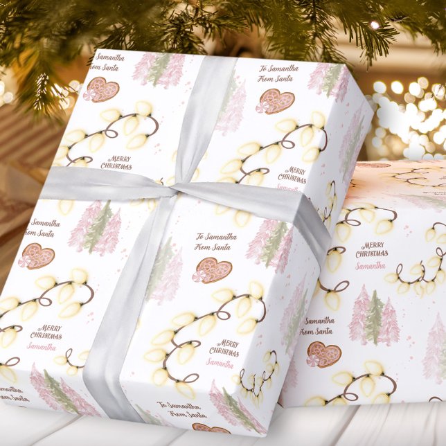 Papier Cadeau Feux de Noël Moderne Rose Blanc Nom personnalisé (Christmas Lights Modern Pink White Custom Name Wrapping Paper)
