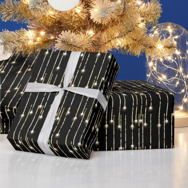 Papier Cadeau Feux d'or de Noël en noir (Vacances)