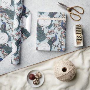 Papier Cadeau Fiançailles bleu floral Peacock