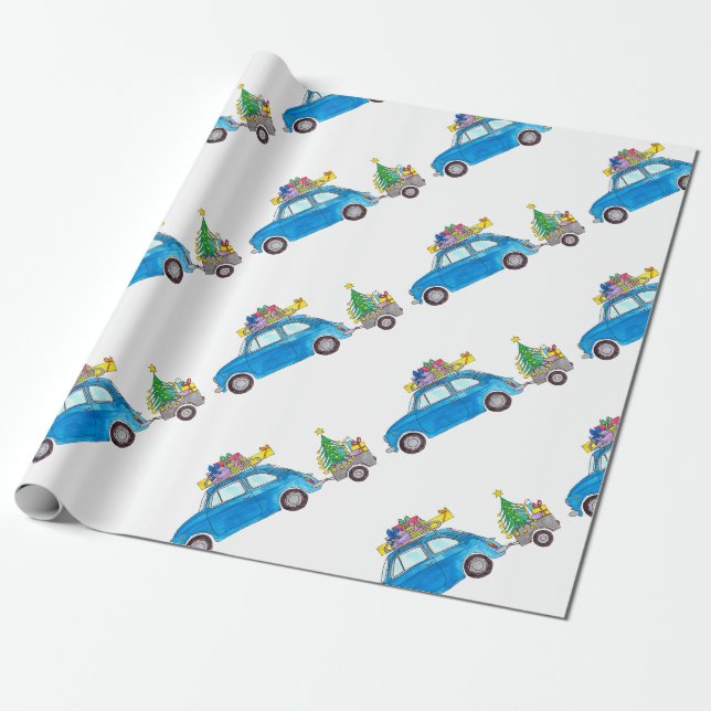 Papier Cadeau Fiat bleu 500 avec Cadeaux de Noël Aquarelle (Déroulé)